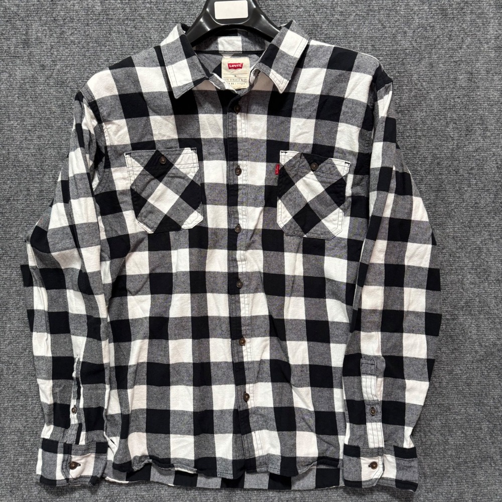 Levis Flannel Shirt Mens Slim XL Buffalo Check Plaid Button Up Shirt Black White